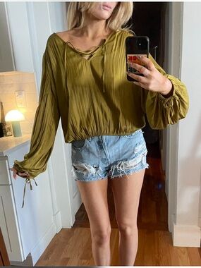 Anthropologie Olive Green Pleated Balloon-Sleeve Blouse